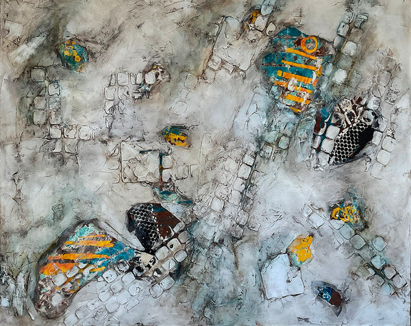 HUBBUB Mixed Media on Canvas, 48"H x 60"W, 1.5"D, 2023