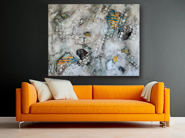 HUBBUB Mixed Media on Canvas, 48"H x 60"W, 1.5"D, 2023