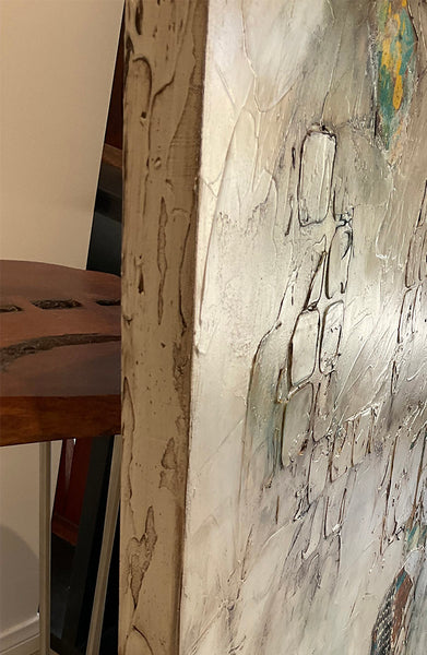 HUBBUB Mixed Media on Canvas, 48"H x 60"W, 1.5"D, 2023