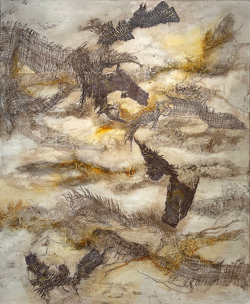 EMBRACING THE HEAT, Mixed Media on Canvas, 48"H x 60"W, 1.5"D, 2024