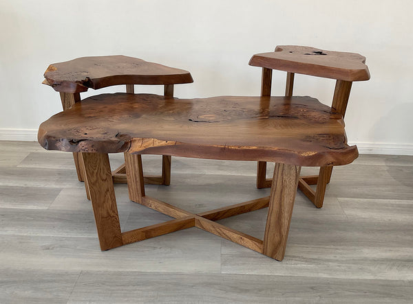 Wych's Burl, Live Edge English Wych Elm Coffee Table with Nesting Side Tables, 2024