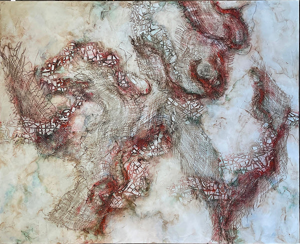 DOWN THE RABBIT HOLE, Mixed Media on Canvas, 60"H x 48"W, 1.5"D, 2022