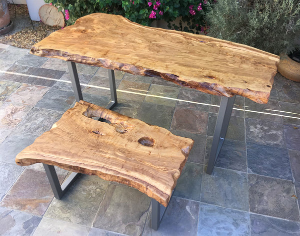 FOLLOWING THE TIDE, Italian Olive Live Edge Desk and Bench