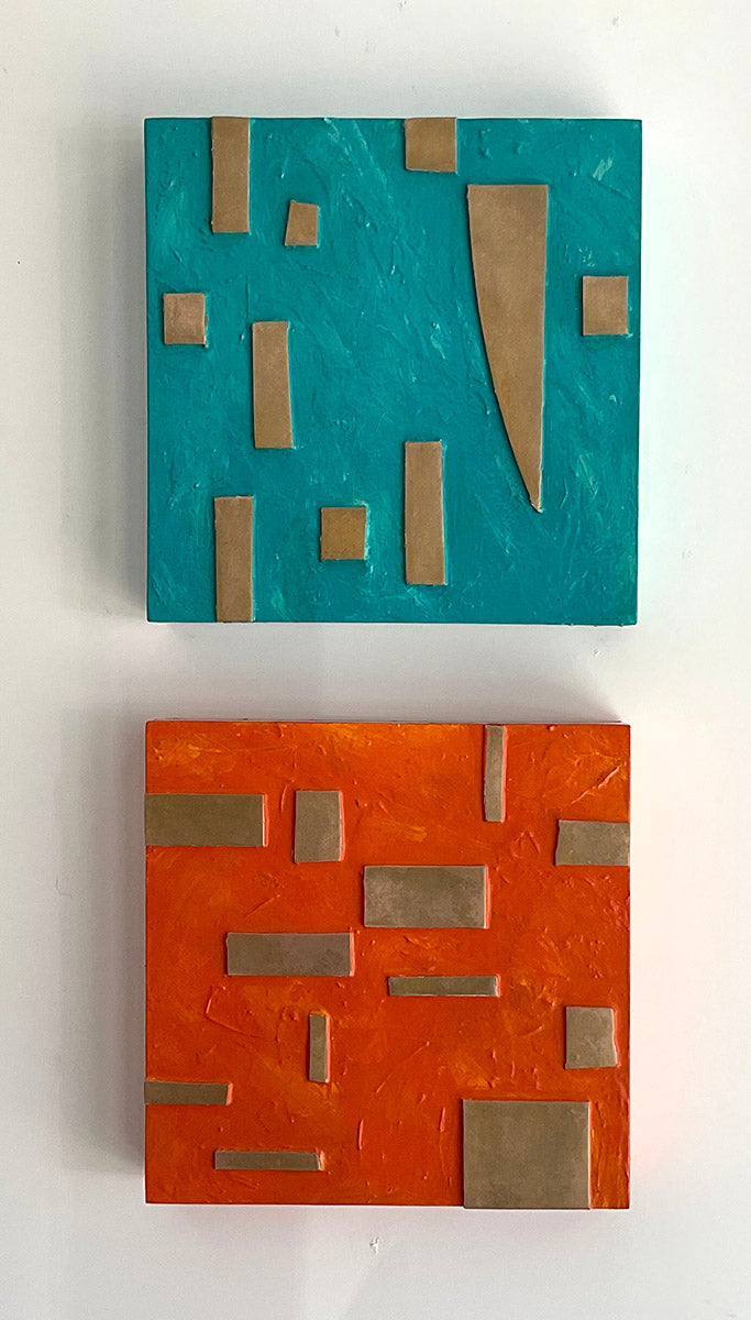 HOWARD SQUARES, Bronze with patina and oil enamel on steel, 12" x 12"