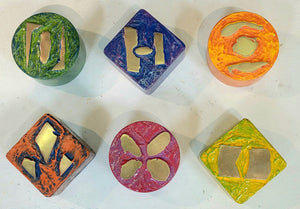 RUNES, Bronze with patina and oil enamel on steel, 4" square/5.5" round