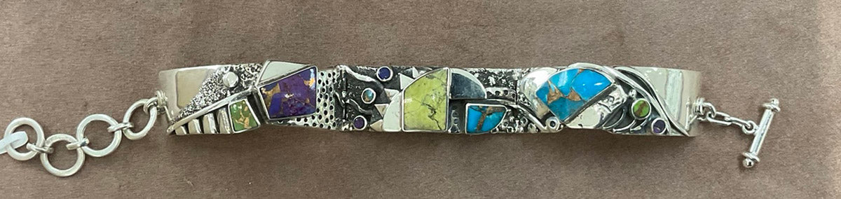 TURQUOISE, SERPENTINE, MOJAVE TURQUOISE 'M' BRACELET, STERLING SILVER