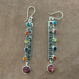 MULTI-COLORED STONE EARRINGS , STERLING SILVER