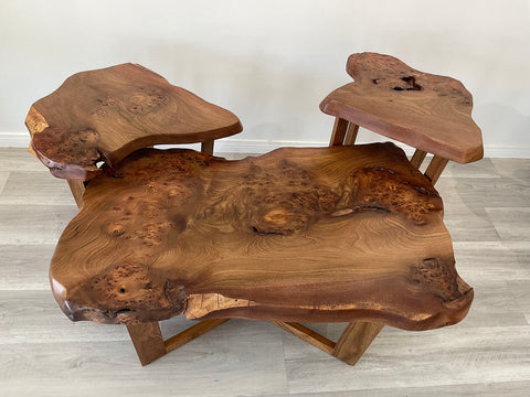 Wych's Burl, Live Edge English Wych Elm Coffee Table with Nesting Side Tables, 2024