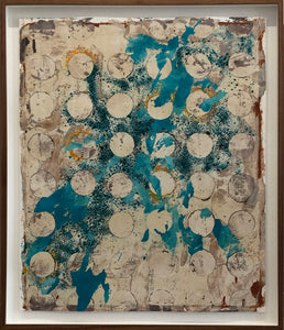 38 CIRCLES, 30"H x 25"W Clay Monoprint, Wood Frame w/museum glass, 28"W x 33"H, 2019