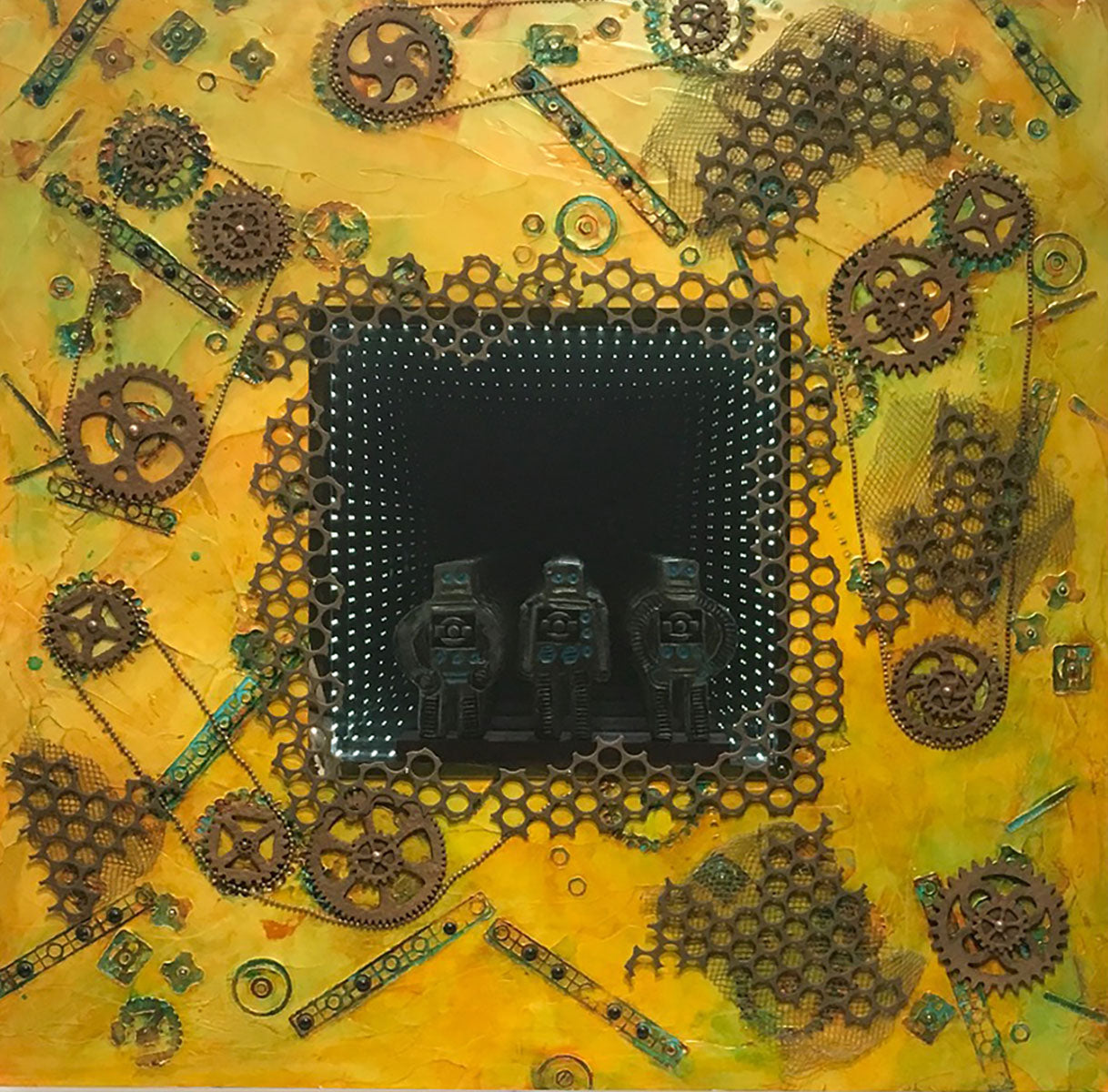 DESTINATION UNLIMITED, Mixed Media on Board, LED lights, 40"W x 40"H, 3"D, 2018
