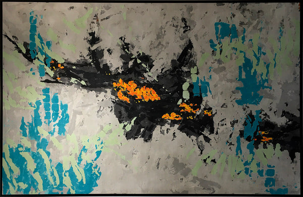 ENCOUNTER, Clay Monoprint in black floating frame, 48"H x 72"W x 2"D, 2021