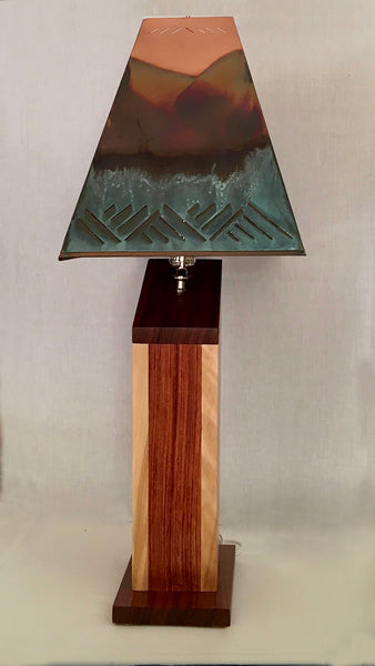 CUSTOM LAMP,  Birch and Bubinga, 8.5"W x 5.5"D x 20"H, 2021